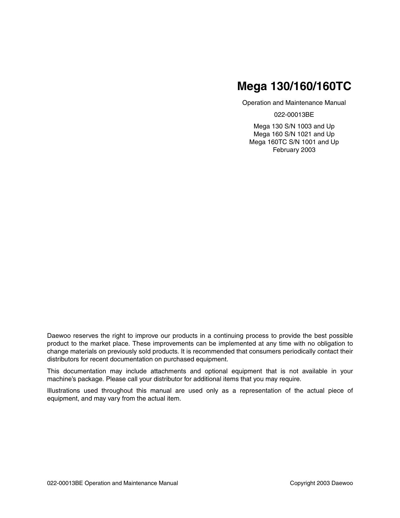 Mega M130160160TC Operation and Maintenance Manual
